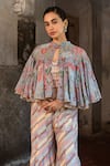 Buy_SSHILPA SAMRIYA_Purple Jumpsuit Raw Silk Embroidered Thread Cape Mandarin Stripe Print With_Online_at_Aza_Fashions