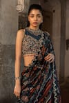 SSHILPA SAMRIYA_Blue Blouse Crepe Embroidered Thread Closed Floral Print Pre-draped Saree With _Online_at_Aza_Fashions