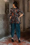 Shop_SSHILPA SAMRIYA_Blue Top Satin Organza Embroidered Thread Floral Print Peplum With Dhoti Pant _at_Aza_Fashions