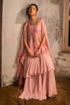 SSHILPA SAMRIYA_Pink Skirt Organza Embroidered Thread Square Cape With Layered Set_at_Aza_Fashions