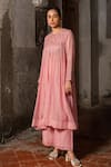 SSHILPA SAMRIYA_Pink Malai Chanderi Embroidered Thread Round Floral Yoke Anarkali With Pant _Online_at_Aza_Fashions