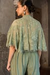 Shop_SSHILPA SAMRIYA_Green Cape Malai Chanderi Embroidered Thread Floral With Flared Pant Set _at_Aza_Fashions