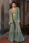 Buy_SSHILPA SAMRIYA_Green Blazer And Blouse Raw Silk Embroidered Thread Floral With Sharara Set_at_Aza_Fashions