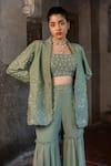 SSHILPA SAMRIYA_Green Blazer And Blouse Raw Silk Embroidered Thread Floral With Sharara Set _Online_at_Aza_Fashions