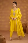 Buy_Isha Gupta Tayal_Yellow Kurta And Pant Silk Embroidery Zardozi V Neck Peacock Placement Set _at_Aza_Fashions