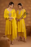 Shop_Isha Gupta Tayal_Yellow Kurta And Pant Silk Embroidery Zardozi V Neck Peacock Placement Set _Online_at_Aza_Fashions