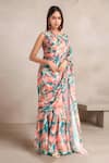 Buy_Samyukta Singhania_Green Slime Georgette Printed Tropical Round Saree Gown _at_Aza_Fashions