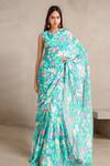 Buy_Samyukta Singhania_Blue Slime Georgette Printed Floral Round Saree Gown _at_Aza_Fashions