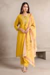Buy_Naintara Bajaj_Yellow Chanderi, Crepe, Silk Tassels, Embroidery Keyhole Floral Yoke Kurta Set _at_Aza_Fashions