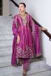 Irrau by Samir Mantri_Purple Silk Chanderi Embroidery Sequin V Neck Anarkali Salwar Set _Online