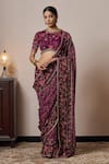 Irrau by Samir Mantri_Purple Georgette Printed Floral Stripe Nimi Border Embroidered Saree _at_Aza_Fashions