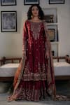 Buy_Irrau by Samir Mantri_Maroon Anarkali And Gharara Silk Chanderi Embroidery Sequin Boat Neck Set _Online