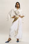 Buy_AK-OK_White Cotton Embellished Thread Collared Stud Shirt And Draped Tasseled Skirt Set _at_Aza_Fashions