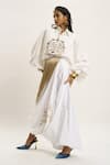 Shop_AK-OK_White Cotton Embellished Thread Collared Stud Shirt And Draped Tasseled Skirt Set _Online_at_Aza_Fashions