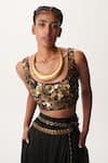 AK-OK_Black Cotton Lycra Embellished Coin Round Stud Crop Top _Online_at_Aza_Fashions