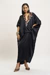 Buy_AK-OK_Black 100 Gsm Silk Satin Embellished Coin Notched Neckline Kaftan _at_Aza_Fashions