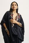 Shop_AK-OK_Black 100 Gsm Silk Satin Embellished Coin Notched Neckline Kaftan _Online_at_Aza_Fashions