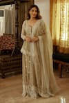 Buy_Astha Narang_Beige Organza Silk Embroidery Floral Plunge Thread Peplum Kurta And Sharara Set _at_Aza_Fashions