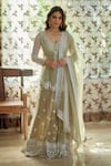 Shop_Astha Narang_Beige Organza Silk Embroidery Floral Plunge Thread Peplum Kurta And Sharara Set _Online_at_Aza_Fashions