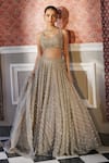 Shop_Astha Narang_Grey Organza Embroidery Jaal Leaf Floral Lehenga Set _at_Aza_Fashions