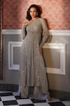 Shop_Astha Narang_Grey Net Embroidery Geometric Round Jaal Front Open Jacket With Pant _at_Aza_Fashions