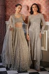 Astha Narang_Grey Net Embroidery Geometric Round Jaal Front Open Jacket With Pant _Online_at_Aza_Fashions