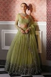 Shop_Astha Narang_Green Organza Embroidery Floral Round Attached Lehenga Set _at_Aza_Fashions