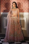 Buy_Astha Narang_Peach Organza Embroidery Latkan Leaf Sequin Attached Lehenga Set _at_Aza_Fashions