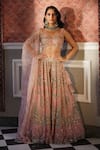 Shop_Astha Narang_Peach Organza Embroidery Latkan Leaf Sequin Attached Lehenga Set _Online_at_Aza_Fashions