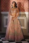 Astha Narang_Peach Organza Embroidery Latkan Leaf Sequin Attached Lehenga Set _at_Aza_Fashions