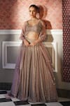 Buy_Astha Narang_Pink Organza Embroidery Jaal Plunge V-neck Floral Attached Lehenga Set _at_Aza_Fashions