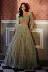 Buy_Astha Narang_Green Organza Embroidery Latkan Round Jaal Lehenga Set _at_Aza_Fashions