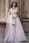 Buy_Astha Narang_Pink Organza Embroidery Tassels Leaf Moti Jaal Lehenga Set _at_Aza_Fashions