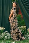 Astha Narang_Black Chiffon Printed Rose Rounded Floral Frill Pre-draped Saree With Blouse _Online_at_Aza_Fashions