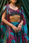 Buy_Astha Narang_Blue Chiffon Printed Rose Leaf Cape And Pant Set 