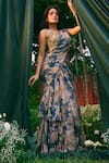 Buy_Astha Narang_Blue Chiffon Printed Rose Rounded Flora Frill Pre-draped Saree With Blouse _at_Aza_Fashions