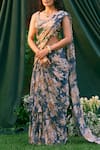 Buy_Astha Narang_Blue Chiffon Printed Rose Rounded Flora Frill Pre-draped Saree With Blouse _Online_at_Aza_Fashions