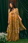 Buy_Astha Narang_Yellow Georgette Printed Rose Leaf Flowery Cape And Pant Set _at_Aza_Fashions