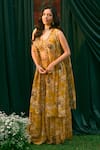 Shop_Astha Narang_Yellow Georgette Printed Rose Leaf Flowery Cape And Pant Set _at_Aza_Fashions