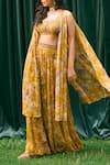 Astha Narang_Yellow Georgette Printed Rose Leaf Flowery Cape And Pant Set _Online_at_Aza_Fashions