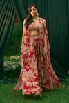 Buy_Astha Narang_Red Georgette Printed Rose Round Floral Garden Cape And Pant Set _at_Aza_Fashions