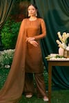 Buy_Astha Narang_Brown Organza Silk Embroidered Thread Round Floral Work Kurta Pant Set _at_Aza_Fashions