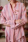 Cin Cin_Pink Cotton Lurex Yarn Dyed Printed Stripe Mandarin Collar Tunic And Pant Set _Online_at_Aza_Fashions