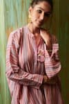 Shop_Cin Cin_Pink Cotton Lurex Yarn Dyed Printed Stripe Mandarin Collar Tunic And Pant Set _Online_at_Aza_Fashions