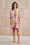 Buy_Cin Cin_Multi Color Satin Printed Tropical Notched Kaftan _at_Aza_Fashions