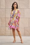 Cin Cin_Multi Color Satin Printed Tropical Notched Kaftan _Online_at_Aza_Fashions