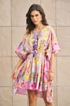 Shop_Cin Cin_Multi Color Satin Printed Tropical Notched Kaftan _Online_at_Aza_Fashions