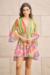 Cin Cin_Multi Color Georgette Printed Floral Stripe Plunge V Neck Dress _Online_at_Aza_Fashions