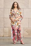 Buy_Cin Cin_Multi Color Georgette Printed Stripe Plunge V Neck Umbrella Kaftan And Pant Set _at_Aza_Fashions