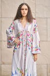 Cin Cin_Multi Color Satin Printed Tassel Plunge V Neck A-line Dress _Online_at_Aza_Fashions